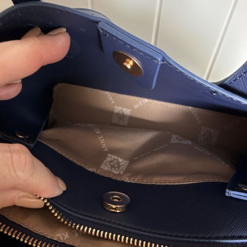 Anne Klein Navy Blue Satchel Gold Hardware Detachable Adjustable Strap Pockets - Picture 9 of 13